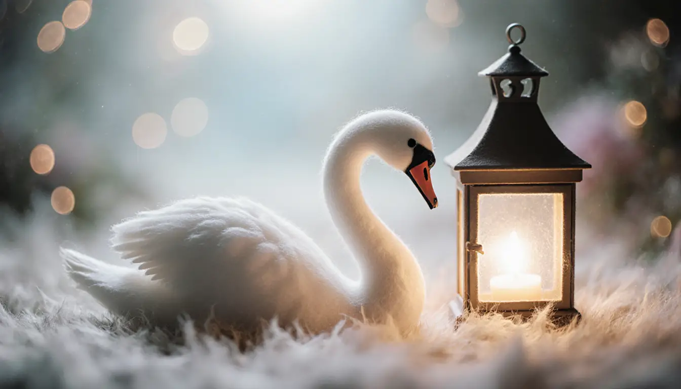 Serene Wool Felt Swan Beside A Glowing Lantern