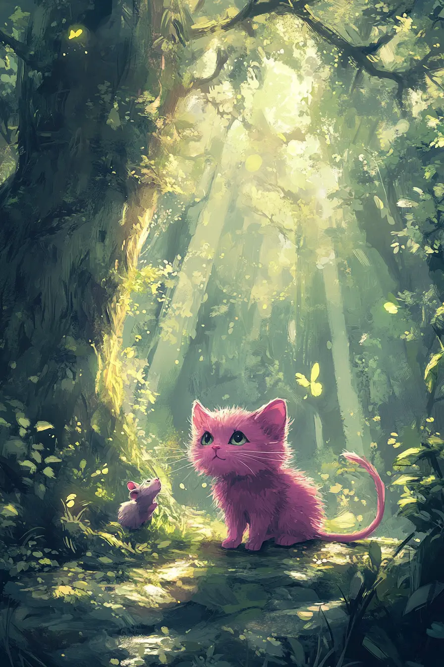 Pink kitten playing with a mouse in dreamlike forest