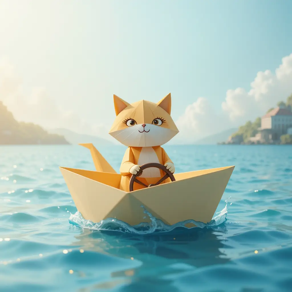 Cheerful origami cat captain sailing a paper boat