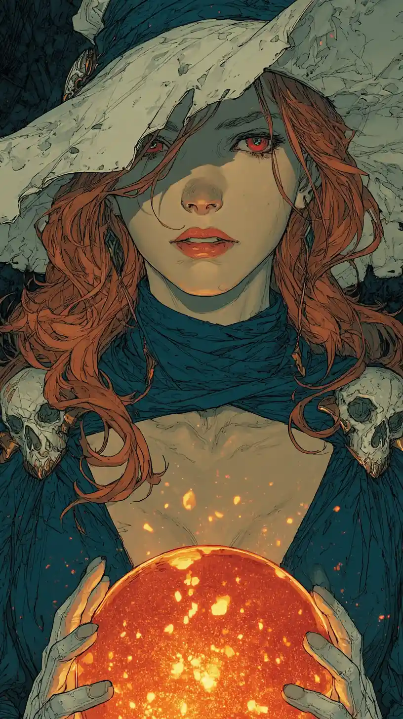 Red haired witch conjuring fire in dark fantasy flames