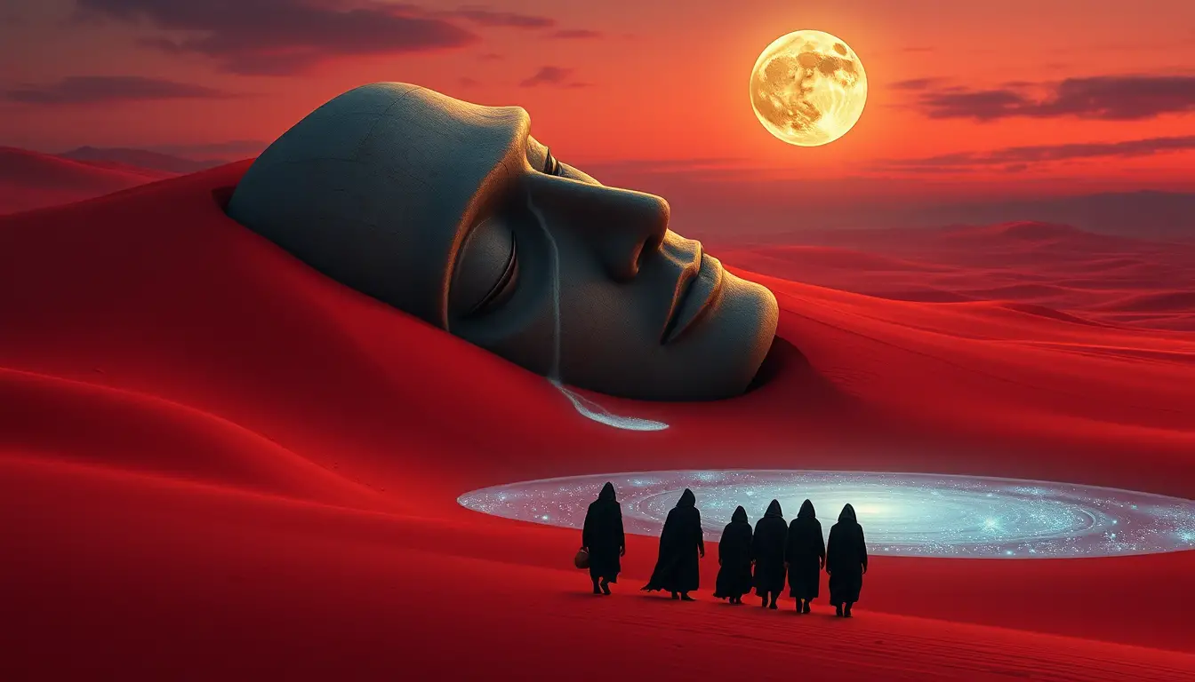Crimson fabric desert with sleeping stone deity face