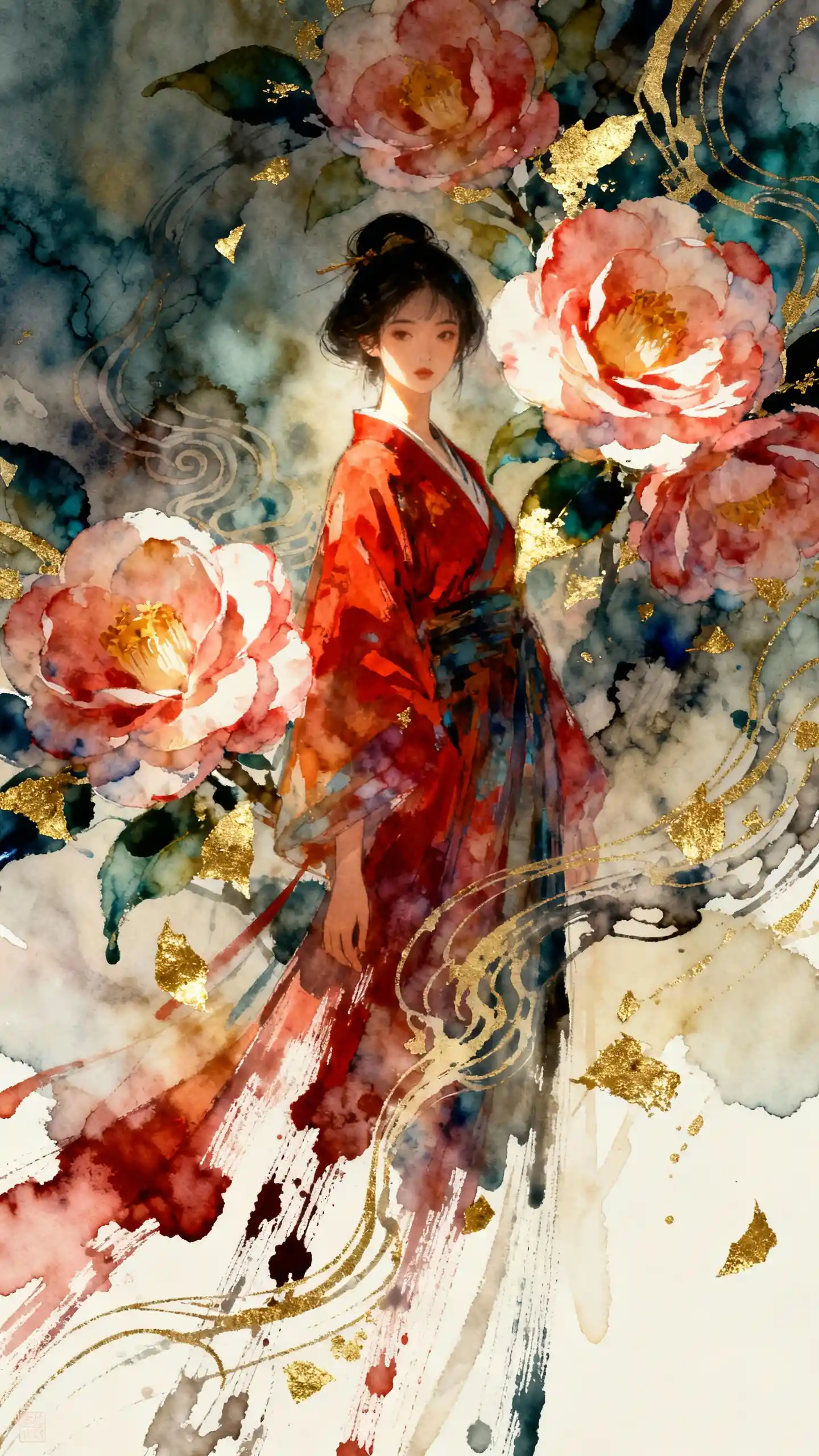 Mystical oriental woman with camellia flowers in abstract light