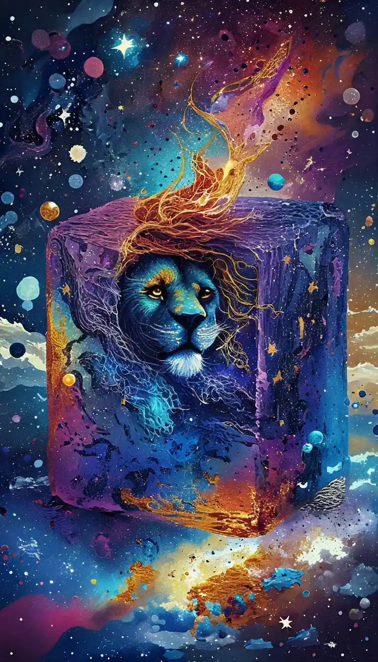 Cosmic lion roaring with starry mane in vivid galaxy