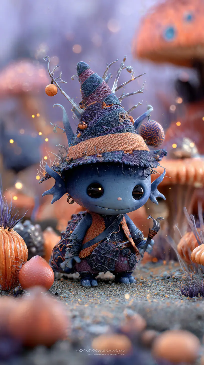 Cute chibi halloween monster in whimsical fantasy land