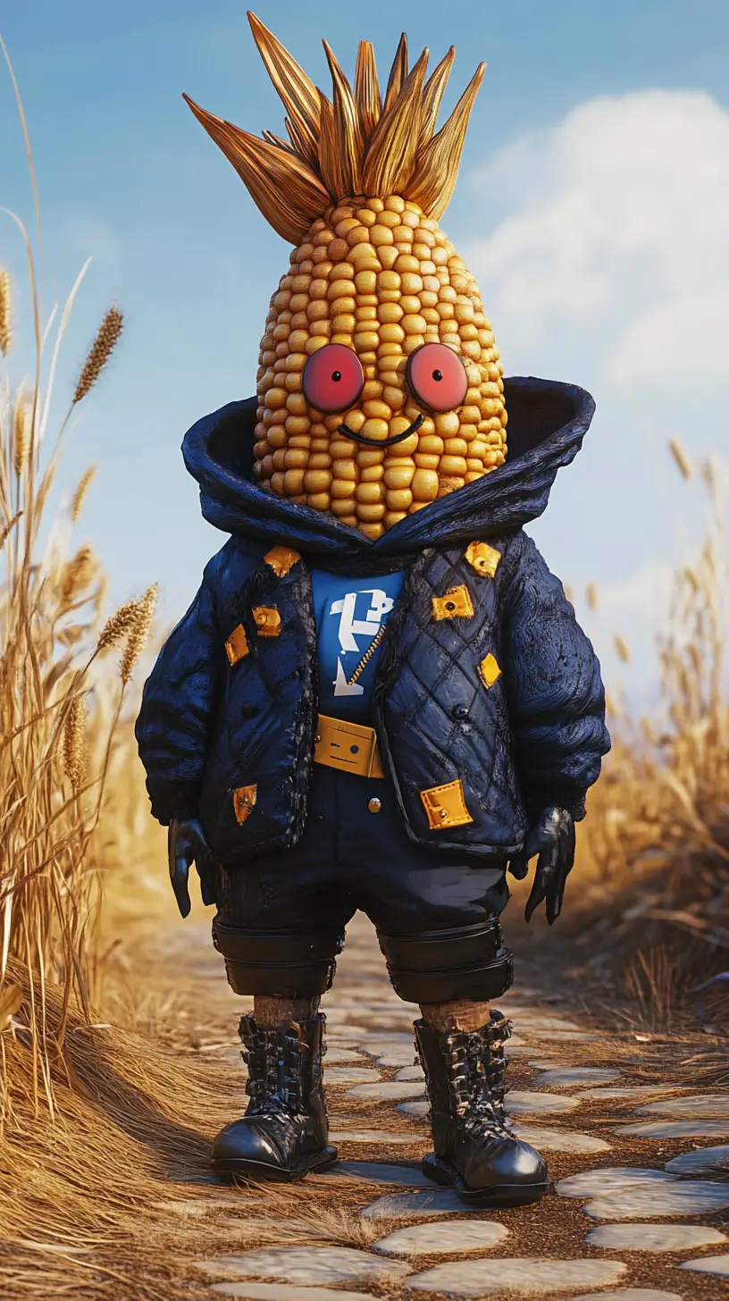 Anthropomorphic corn on an old road at dusk