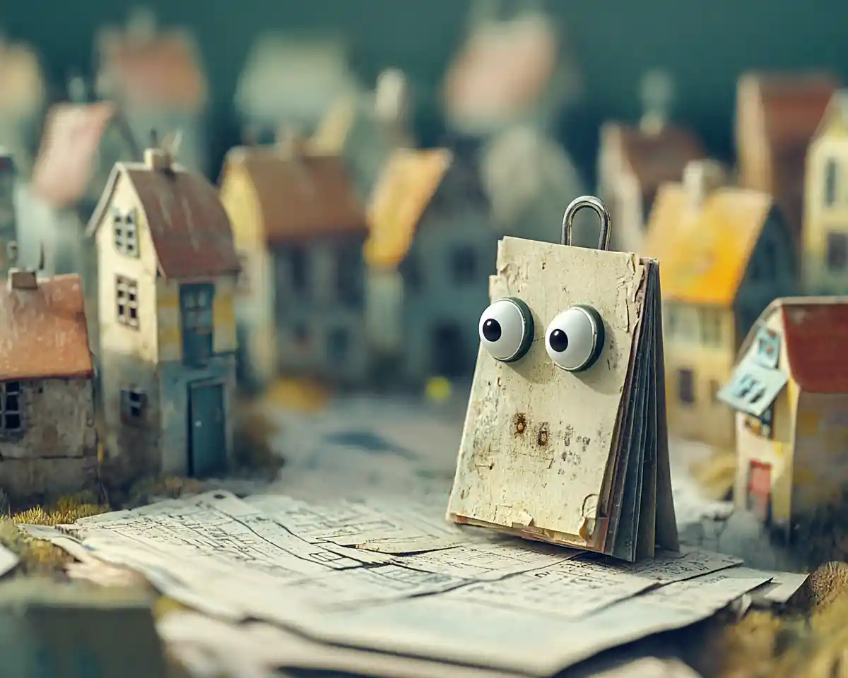 Googly eyed paperclip in a surreal dreamlike landscape