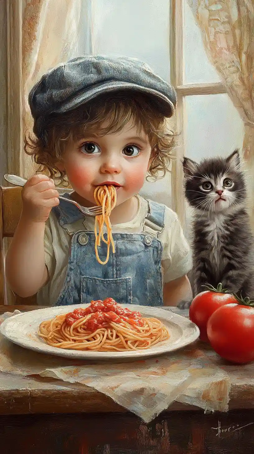 Child Eating Spaghetti With Kitten In Cozy Kitchen Painting