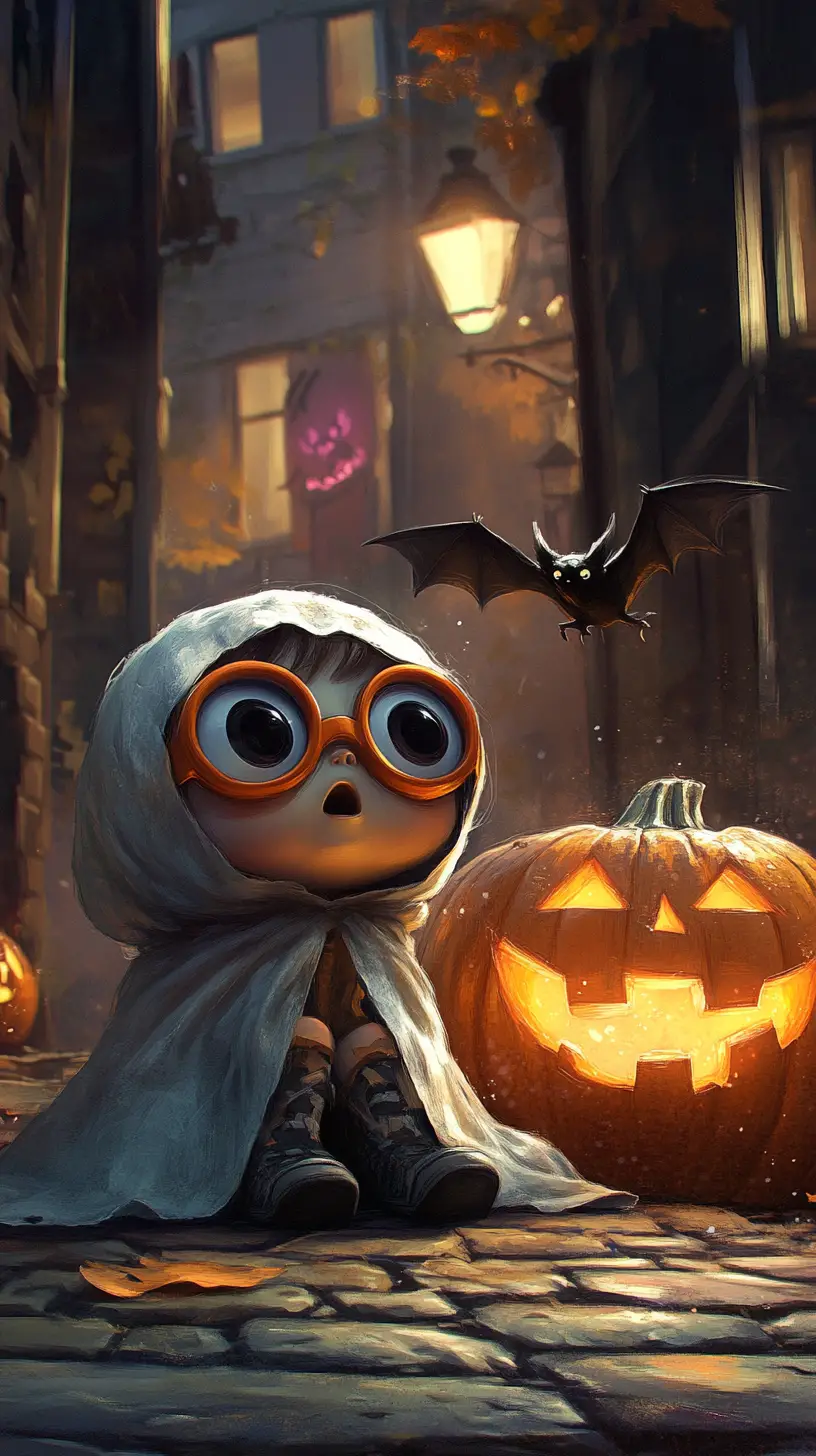 Child ghost with pumpkin and tiny flying bat