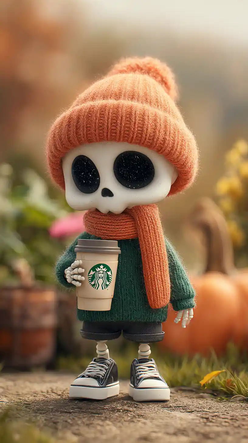 Süßes Chibi-Skelett mit Kaffee in herbstlicher Landschaft