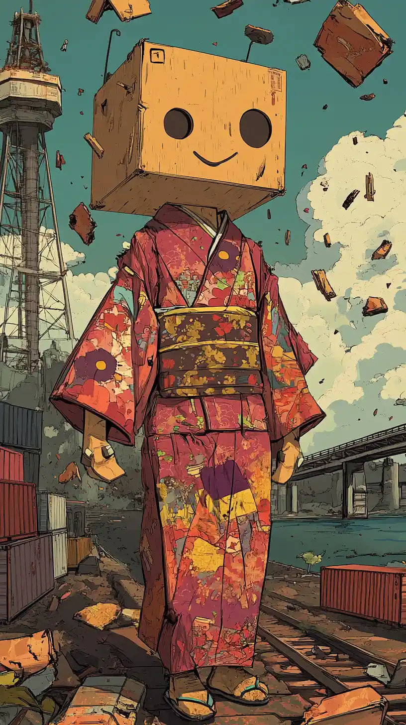 Playful cardboard fighter in colorful japanese kimono illustration