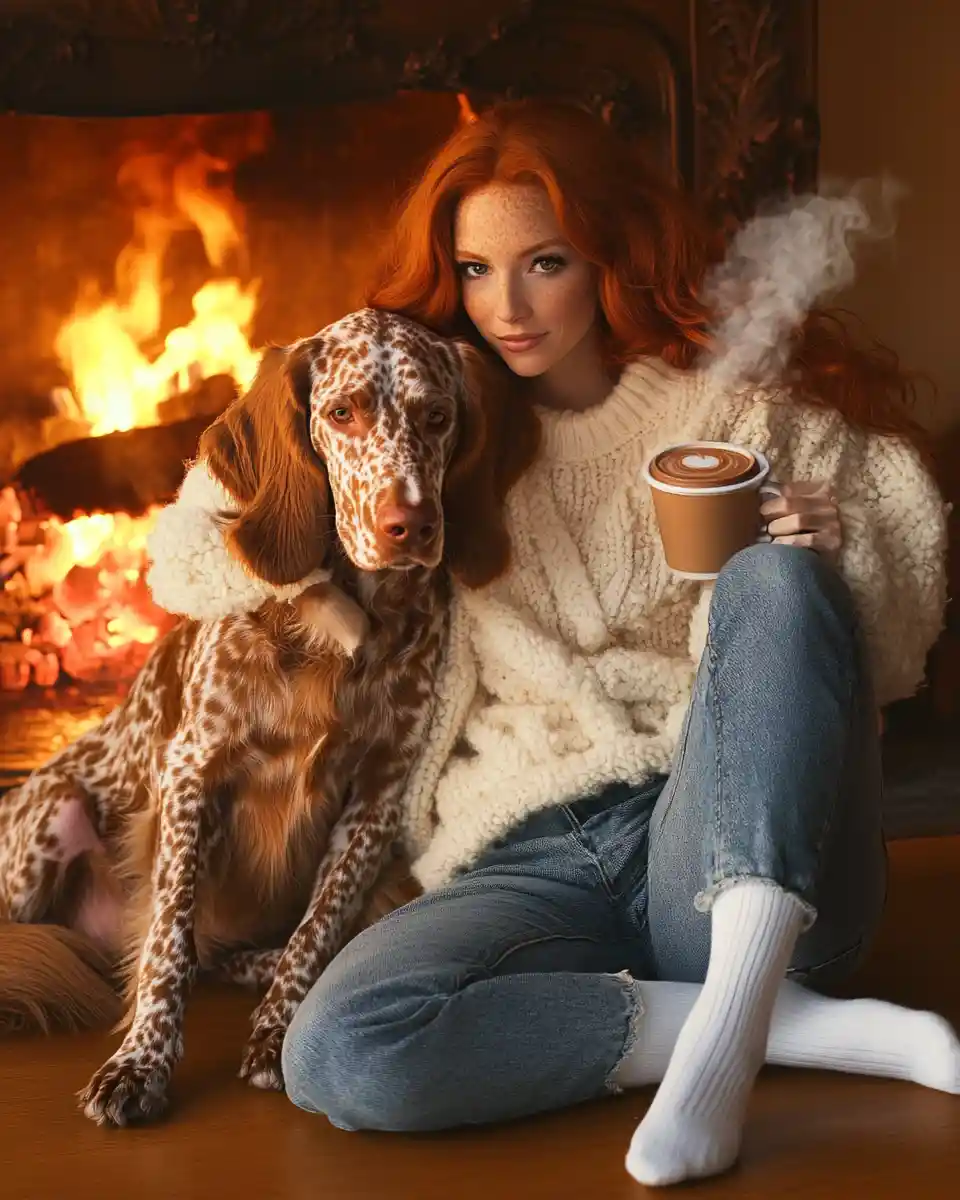 Woman With Irish Setter By Fireplace Drinking Hot Chocolate