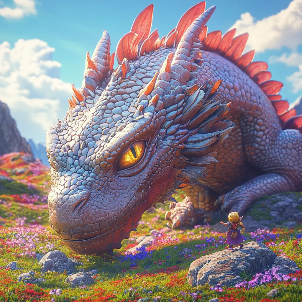 Gentle 3D dragon greeting tiny adventurers in meadow