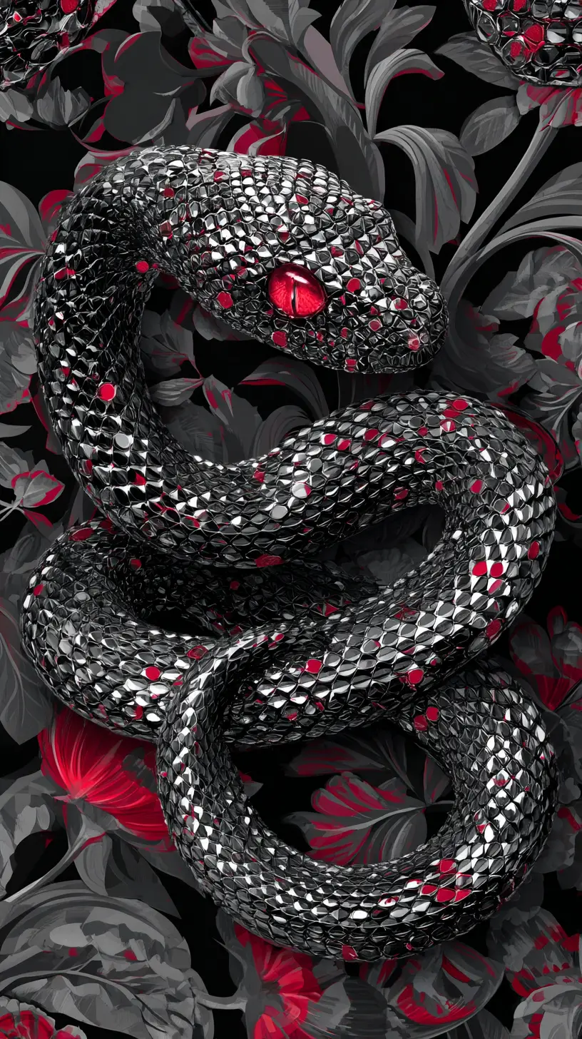 Close up jeweled snake against dark floral background