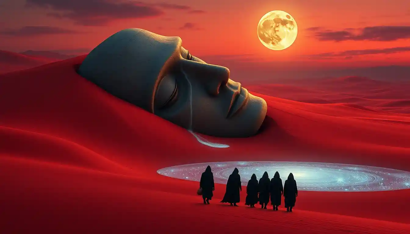 Crimson fabric desert with sleeping stone deity face
