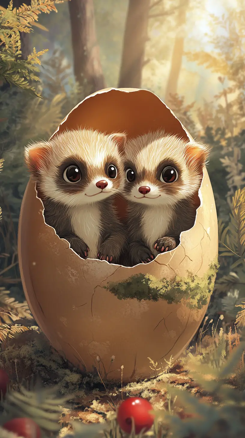 Two Cute Ferrets Nestled Inside A Mossy Eggshell