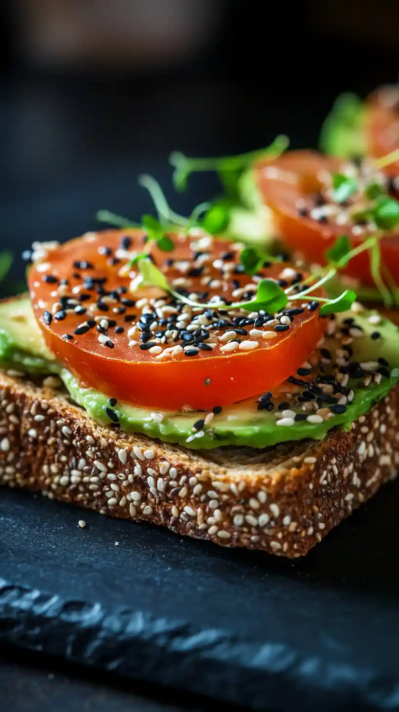 Avocado toast with tomato and microgreens on dark slate