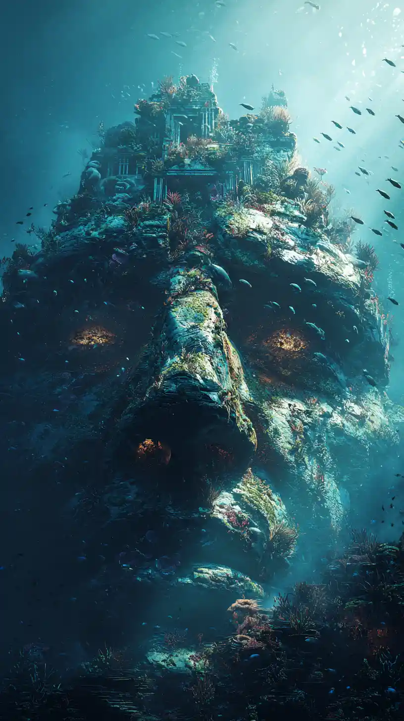 Colossal Stone Giant Submerged Beneath A Glowing Ocean