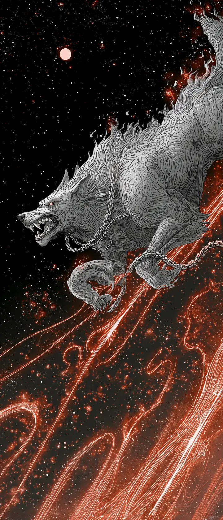 Astral beast racing through outer space with blazing chains