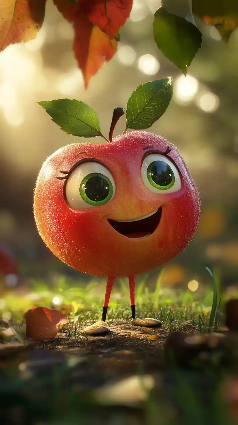 Cartoon apple character smiling outdoors in nature