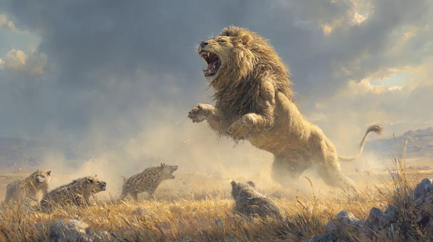 Roaring lion battling hyenas in the savanna dust