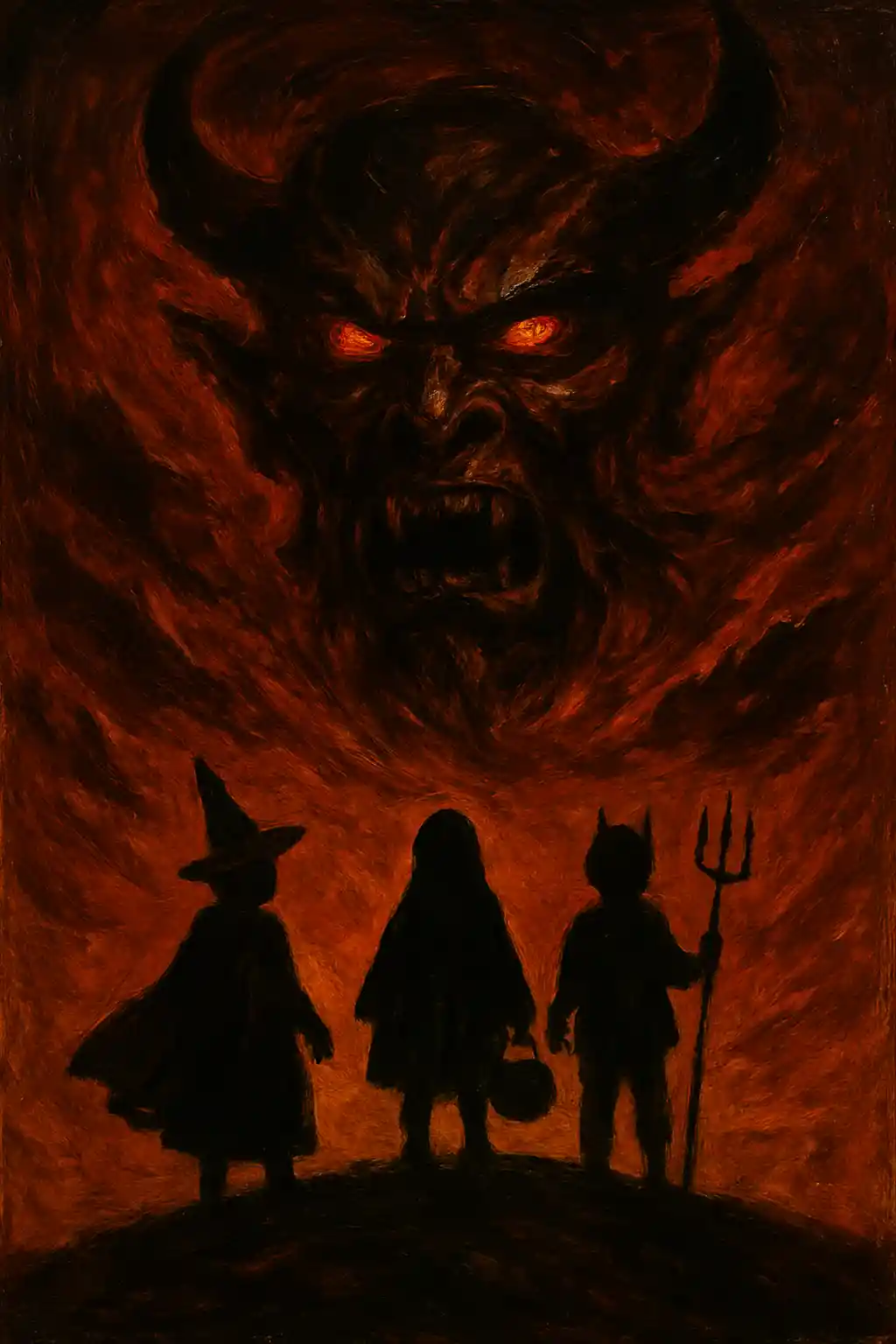 Children In Costume Under A Demonic Halloween Sky