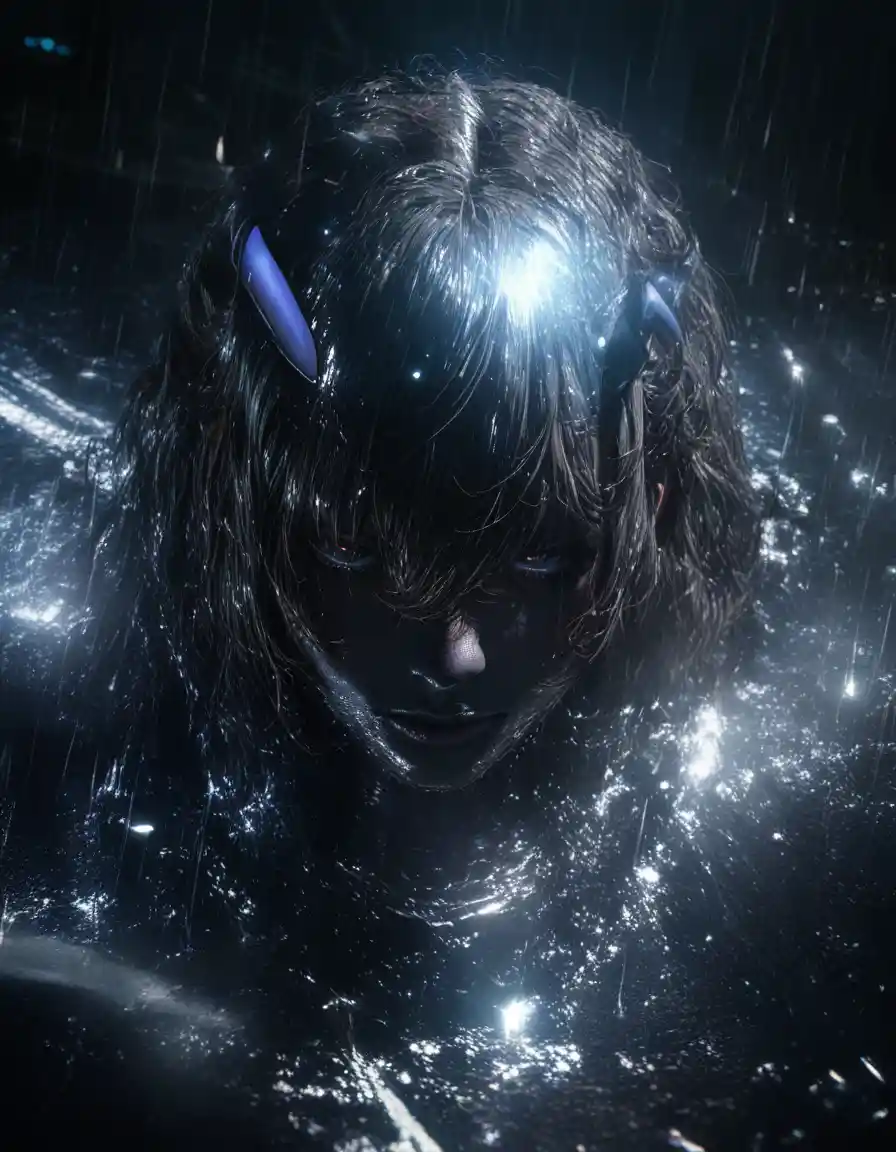 Futuristic woman in blue exosuit in rainy city water