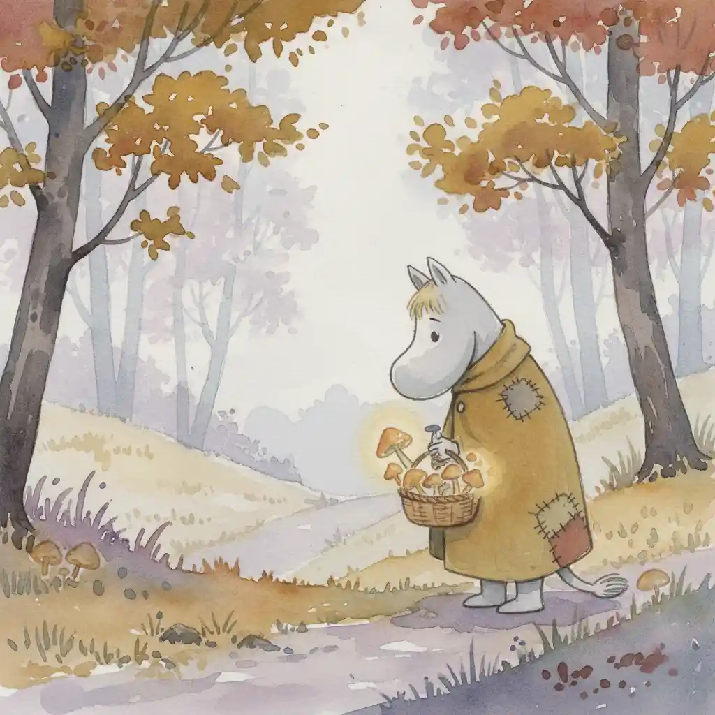 Wanderer Collecting Mushrooms In A Misty Forest Valley