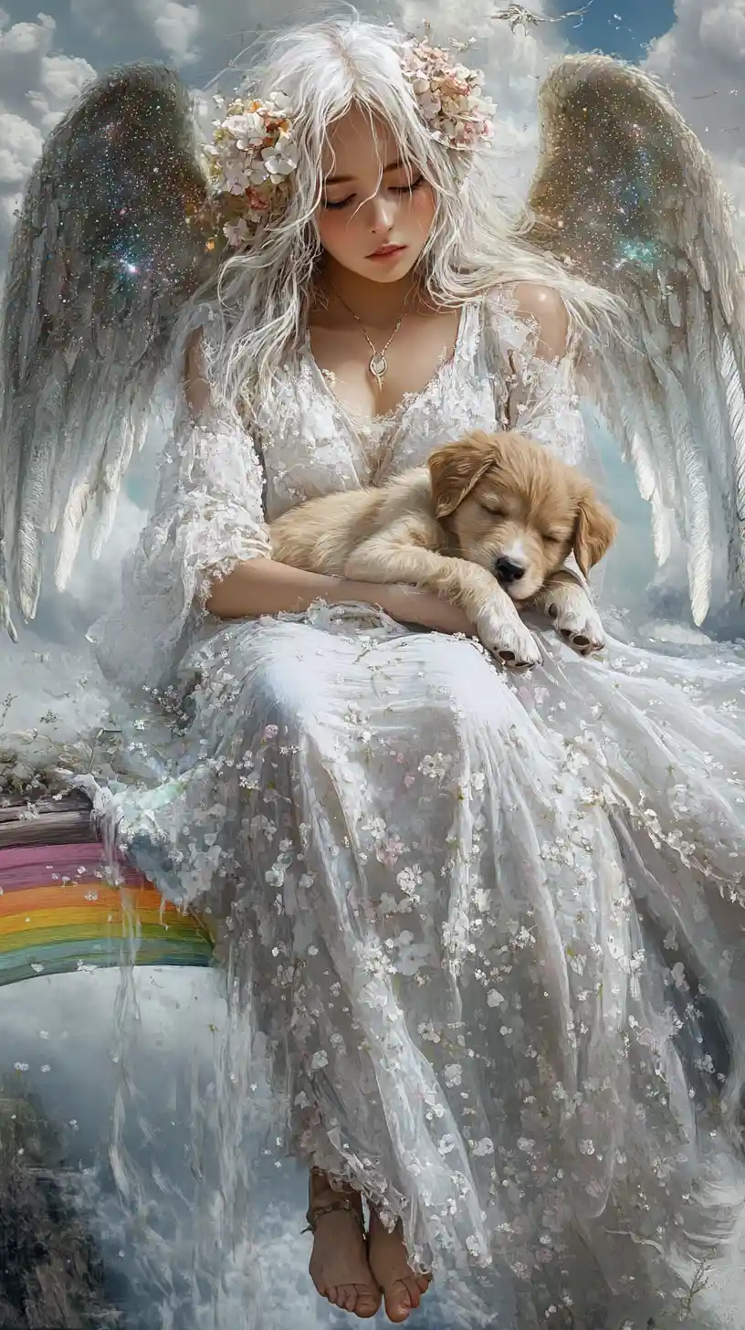 Angel Girl Holding Sleeping Puppy On Rainbow Bridge