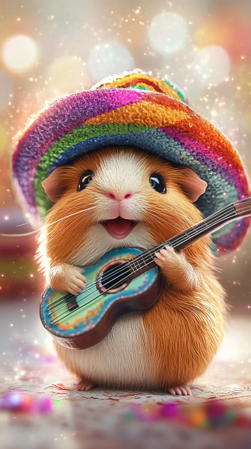 Cute guinea pig in sombrero playing guitar illustration