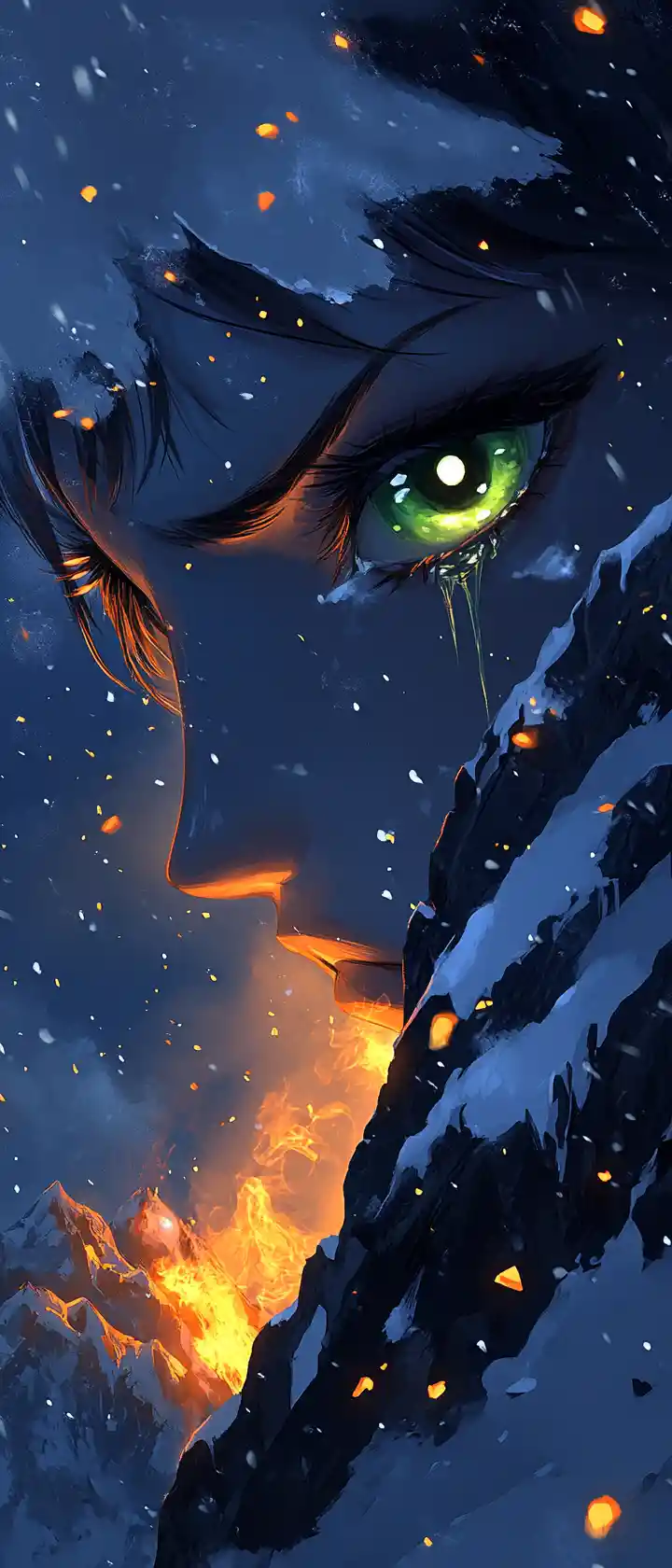 Anime woman on snowy mountain peak at twilight