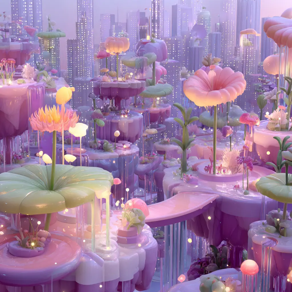Surreal pastel cityscape with floating dreamlike islands