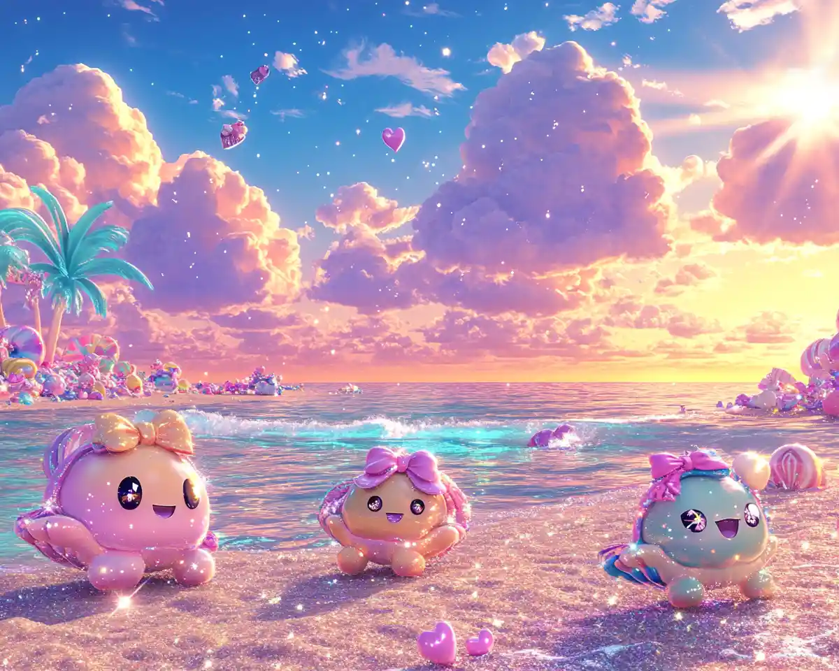 Anime beach with cute sea turtles at sunset