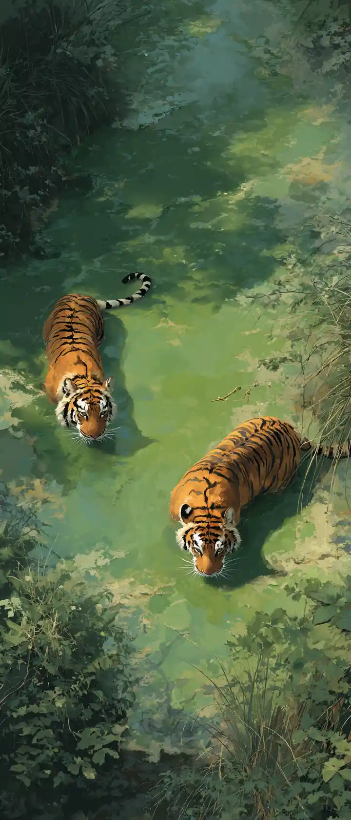 Two tigers in a green pool painted from above