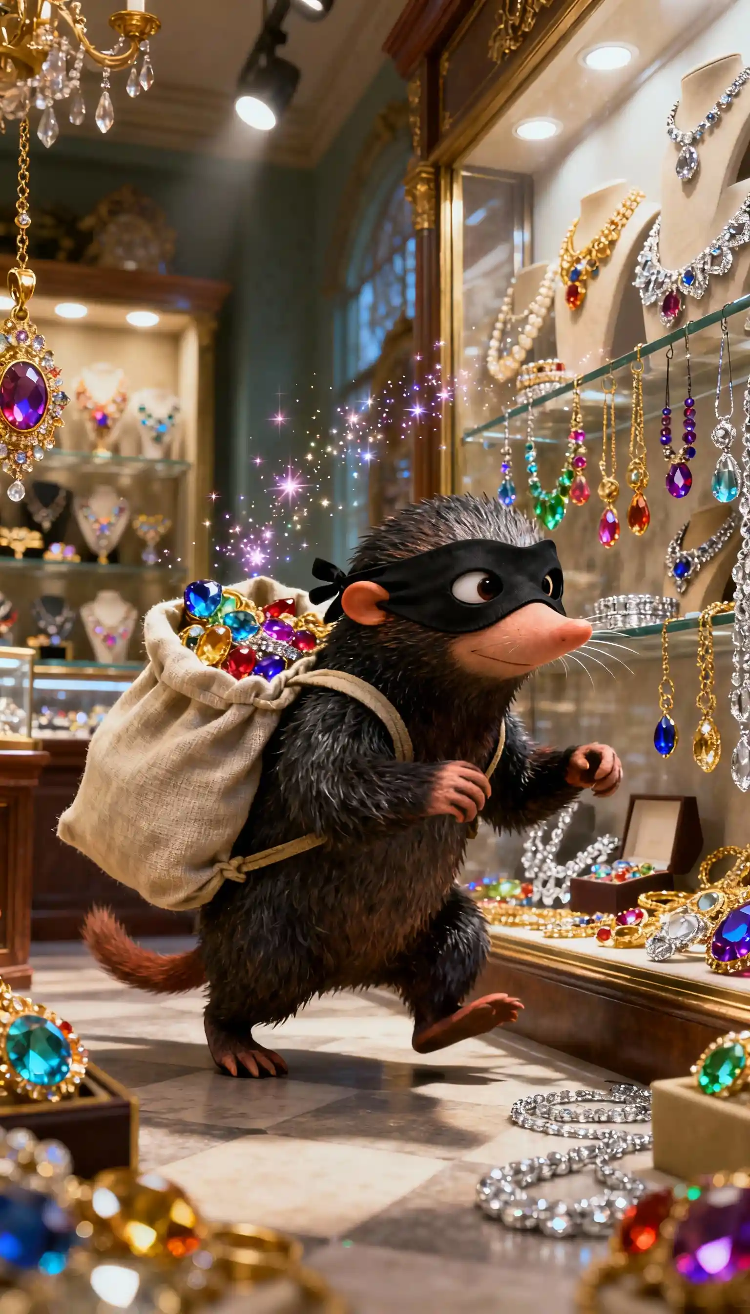 Criatura fantástica robando joyas en una joyería luminosa