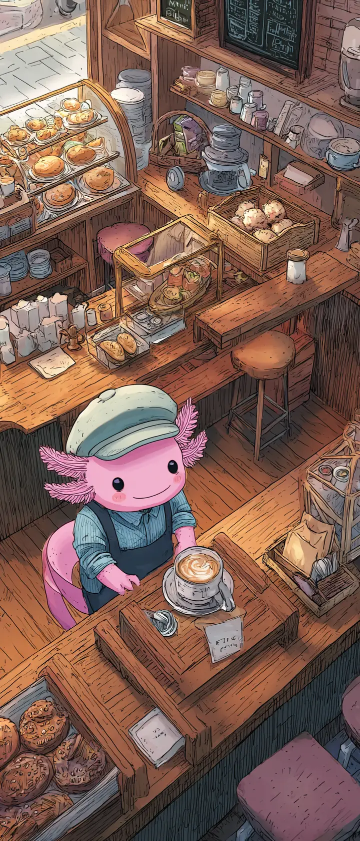 Whimsical axolotl barista in a cozy coffee shop