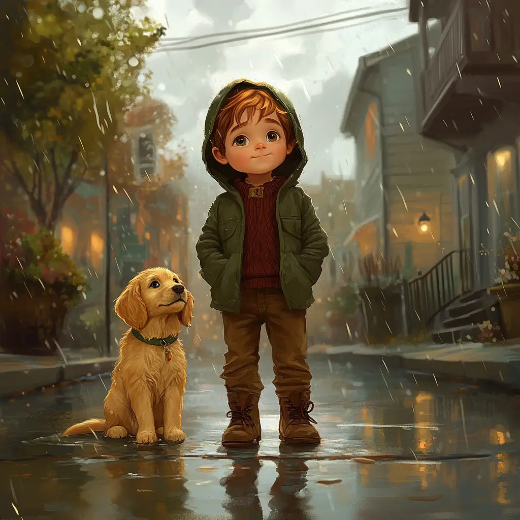 Young boy and puppy standing on a rainy city street