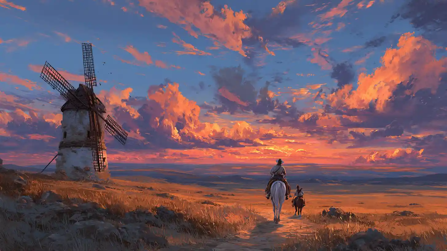 Don Quixote riding across a Castilian plain at sunset