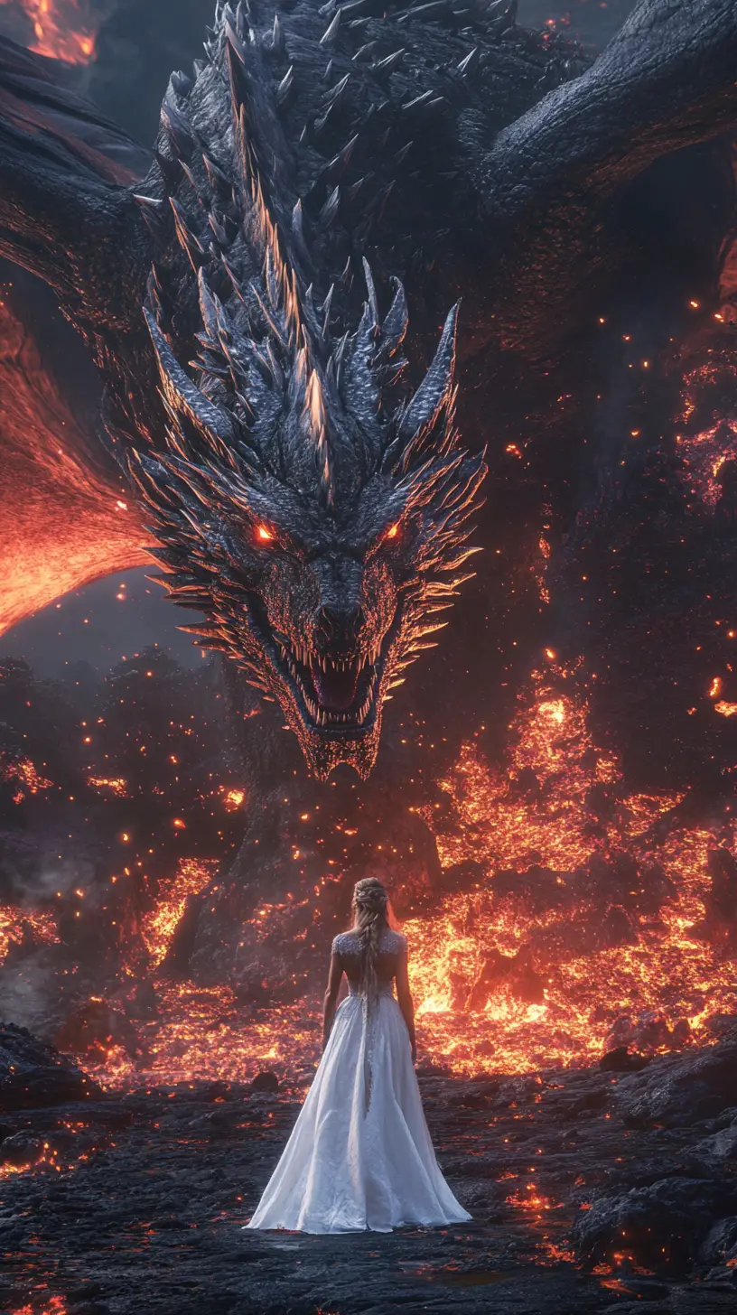 Majestic dragon towering above a human queen