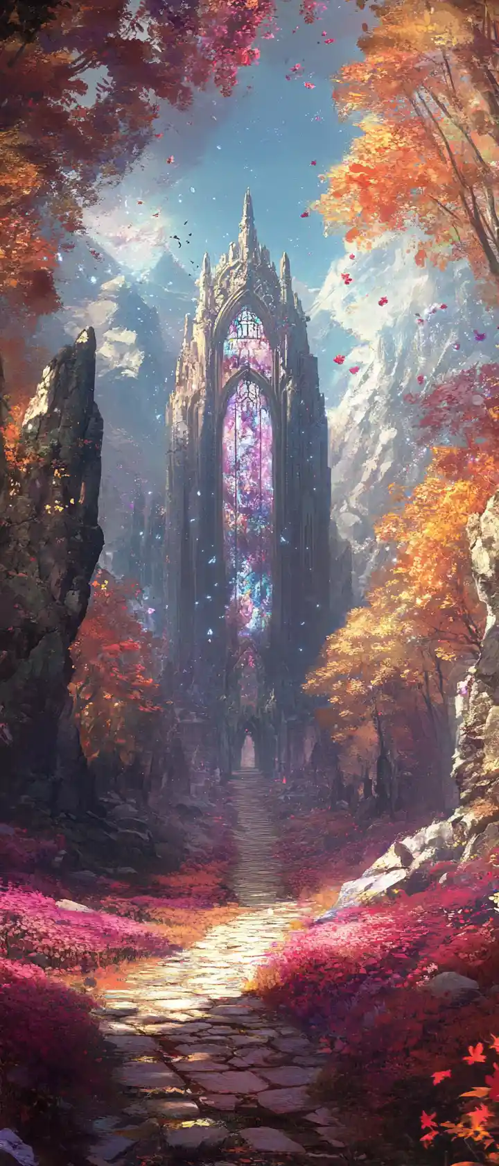 Ancient stone temple hidden in a vast crystal forest