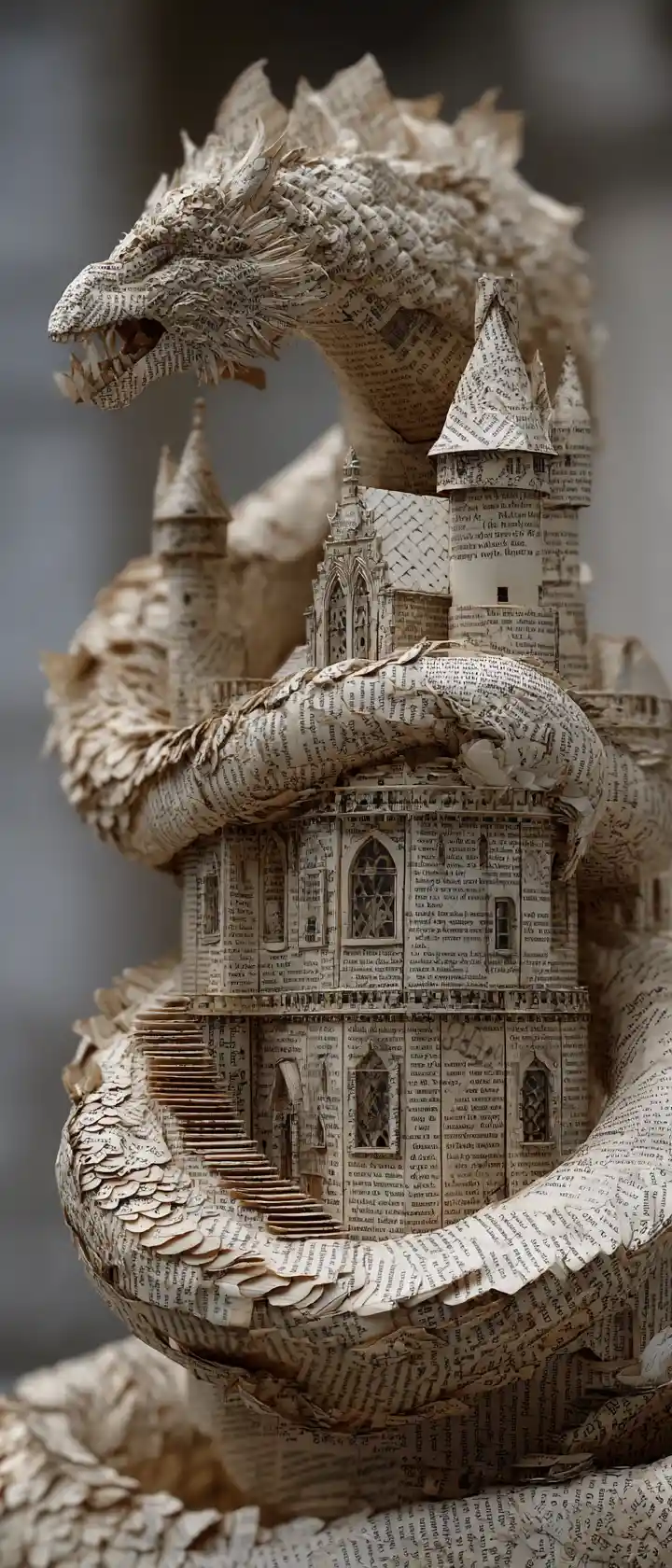 Scultura di drago di carta avvolta intorno a un minuscolo castello di pagine di libro