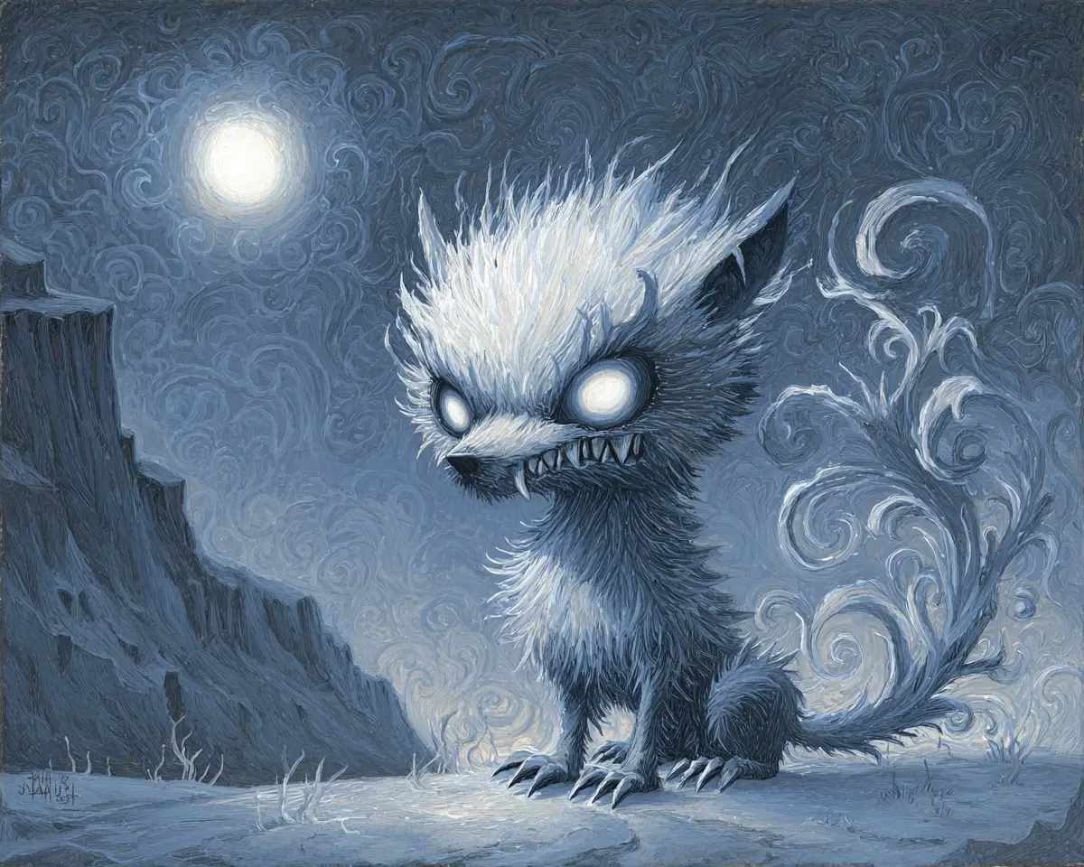 Sinister tiny wolf glowing under eerie moonlight