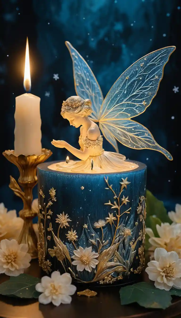Tiny fairy on glowing candle amid vibrant flower