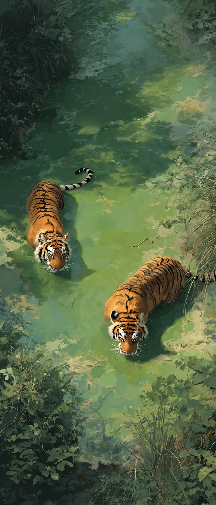Two tigers in a green pool painted from above