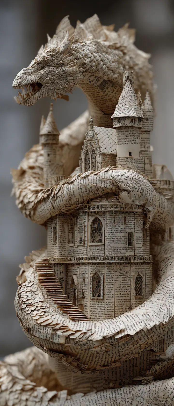 Paper dragon sculpture coiled around tiny book page castle