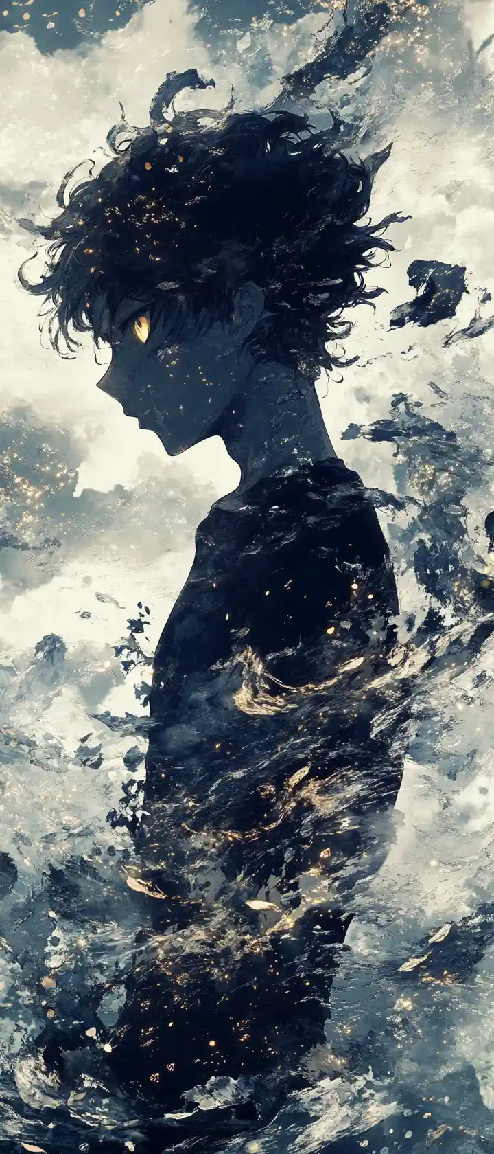 Anime sailor in stormy ocean double exposure portrait
