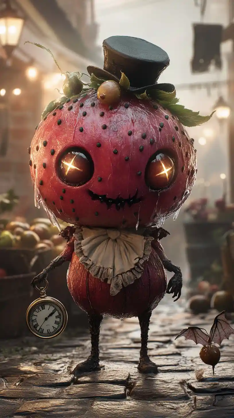 Eerie chibi strawberry creature in a foggy village market