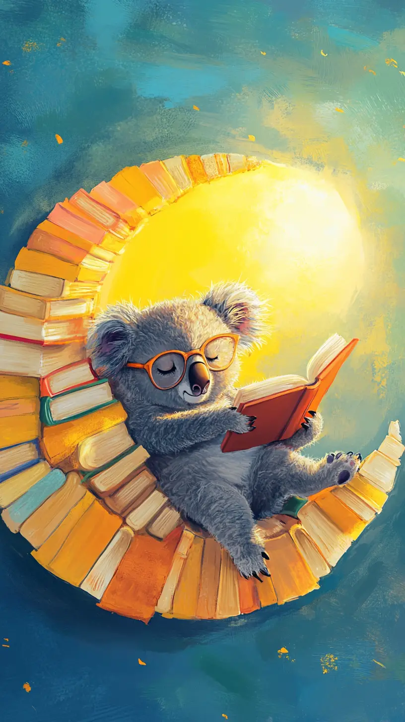 Koala lisant sur un croissant de lune en forme de livre sous le soleil