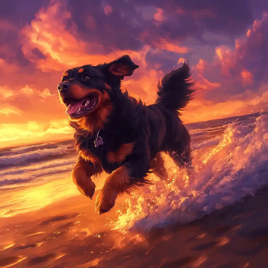 Rottweiler running freely along a peaceful sunset beach