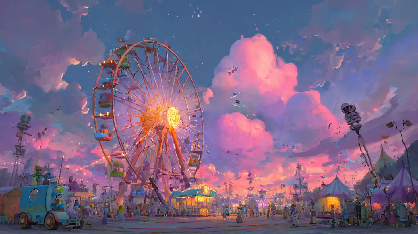 Dreamlike Fantasy Carnival With Glowing Ferris Wheel At Sunset