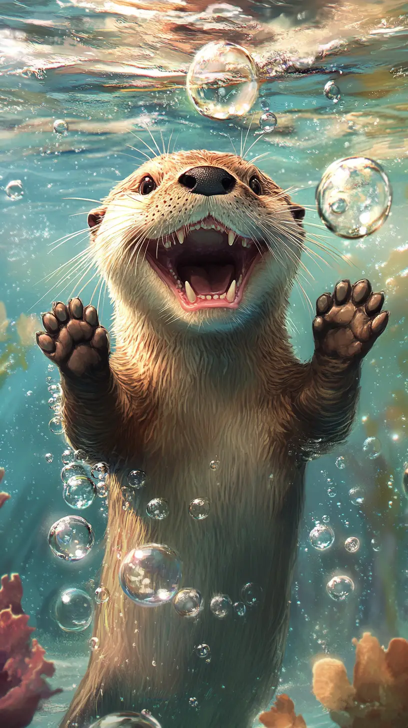 Joyful otter underwater in a dreamy illustrated scene